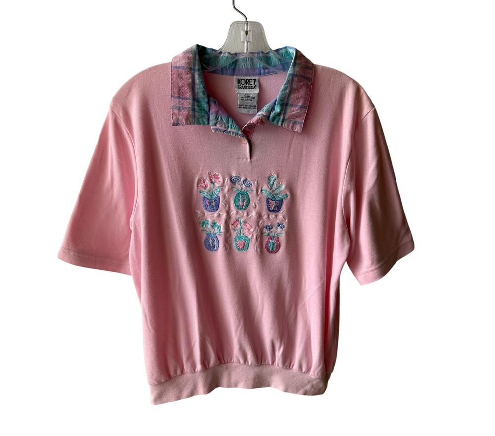 Vintage Pink Embroidered Flowers Shirt Plaid Collar Cottage Grandma Garden Top M